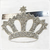 Large rhinestone encrusted crown appliqué with a heat-set adhesive applied to the back. Mesh background, large prong set rhinestones and silver beads complete this 8" wide x 6" tall stunner.