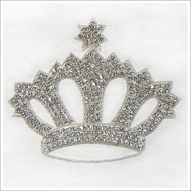 Large rhinestone encrusted crown appliqué with a heat-set adhesive applied to the back. Mesh background, large prong set rhinestones and silver beads complete this 8" wide x 6" tall stunner.