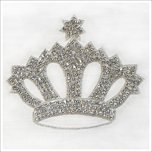 Large rhinestone encrusted crown appliqué with a heat-set adhesive applied to the back. Mesh background, large prong set rhinestones and silver beads complete this 8" wide x 6" tall stunner.