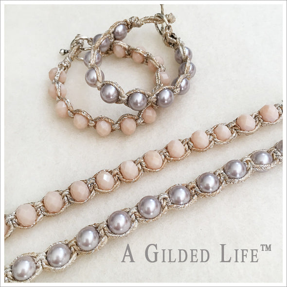 Woven bracelet in ballet pink faceted beads or lustrous glass pearls woven into an antiqued silver band.